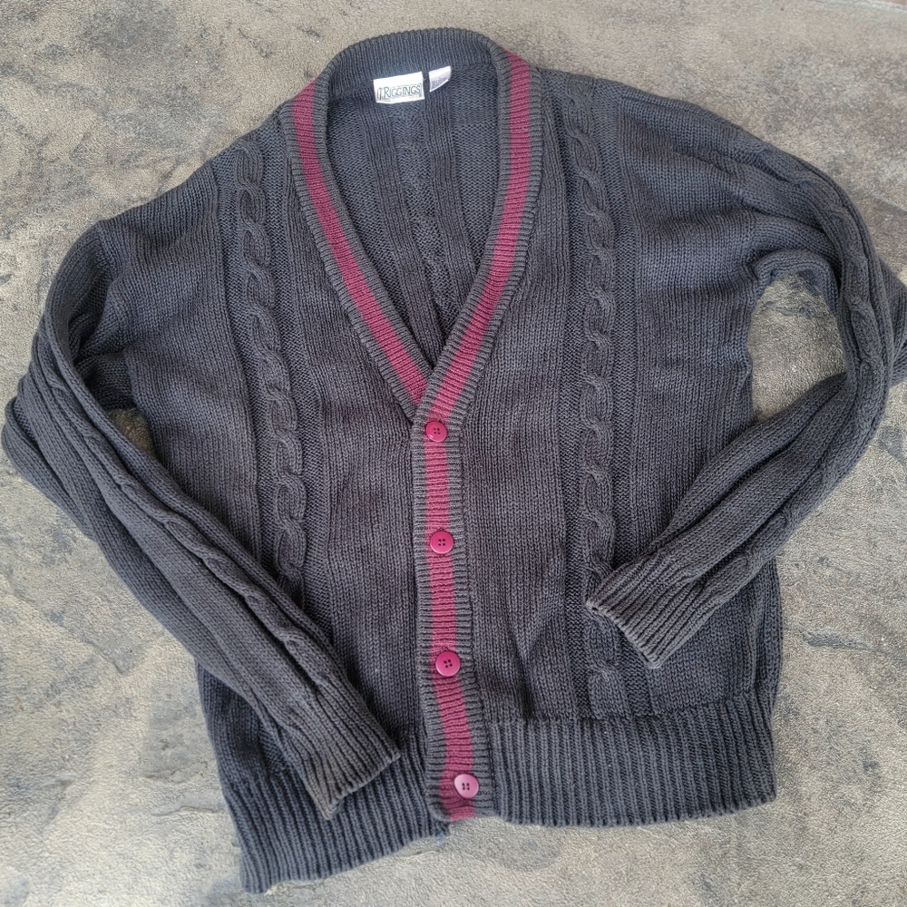 Vintage J. Riggings Natural Fiber Large Preppy Cable-Knit Gray & Maroon Cardigan